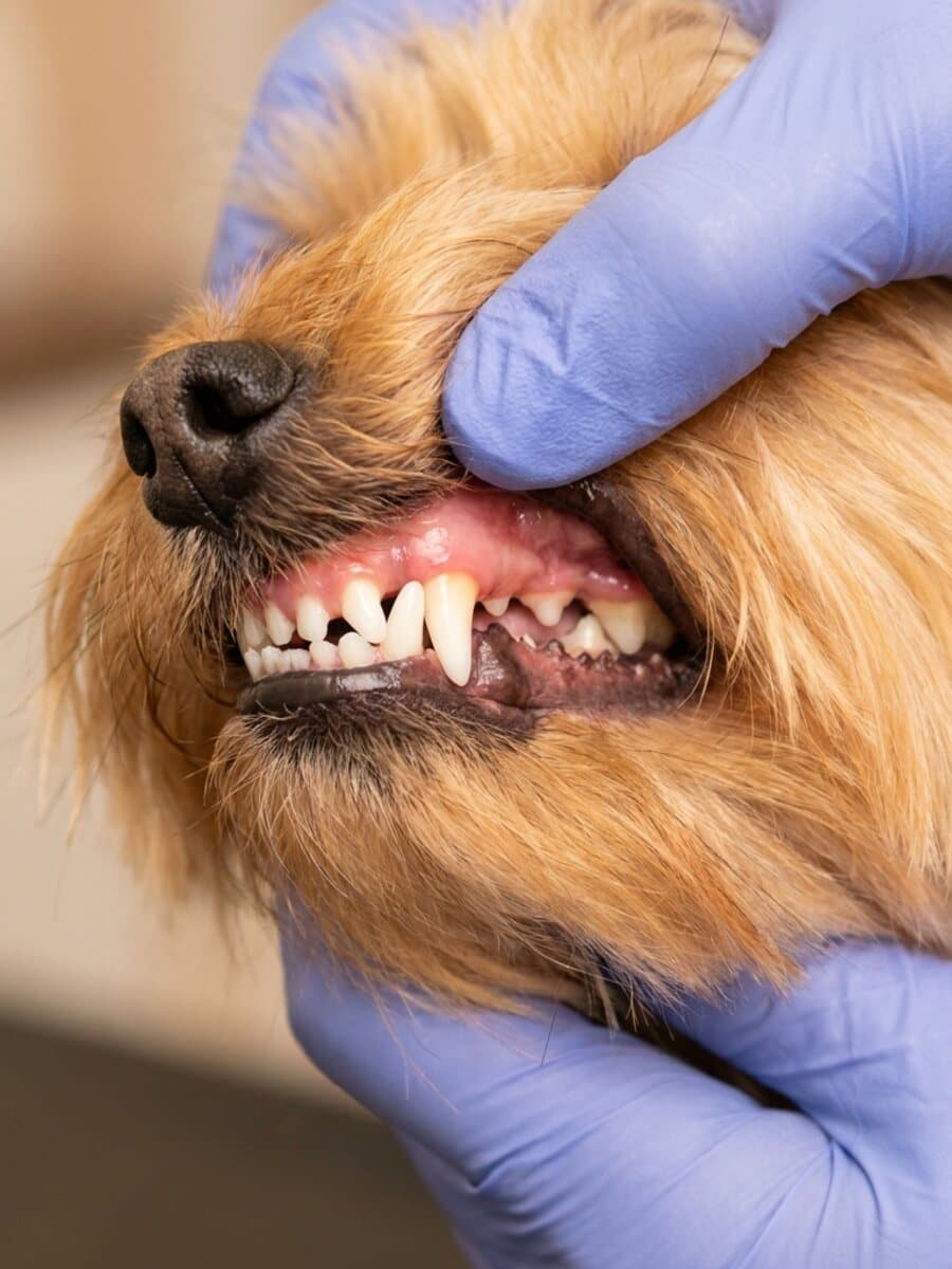 After cleaning: A small golden-tan dog's teeth, heavy tartar cleared to clean white enamel