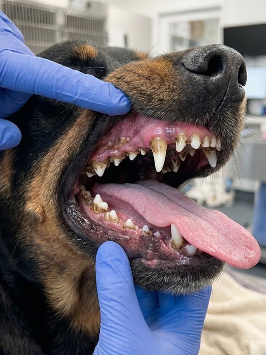 Before cleaning: A black and tan dog's teeth cleaned back to white with healthy pink gums